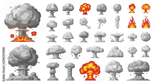 Large set of various mushroom cloud explosions and fire effects in pixel art style for video games or retro graphics.