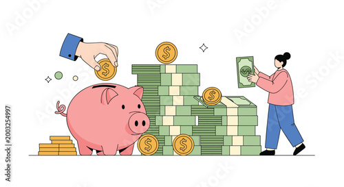 Man and woman saving money together by putting coins into a pink piggy bank next to large stacks of cash banknotes.