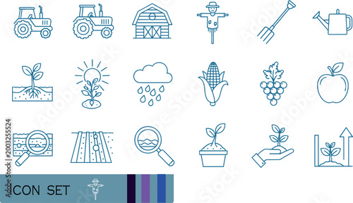 Print Agriculture Farming and Sustainable Crop Cultivation Line Icon Set