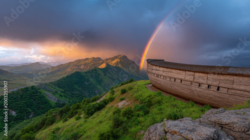 Wooden replica of Noah's Ark situated on a hillside with lush green vegetation and mountains under a dramatic sky featuring a vibrant rainbow