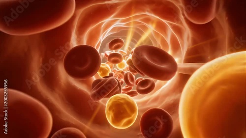 Red blood cells flowing through a human artery in this detailed biological animation showing a fast motion medical clip of the circulatory system within veins