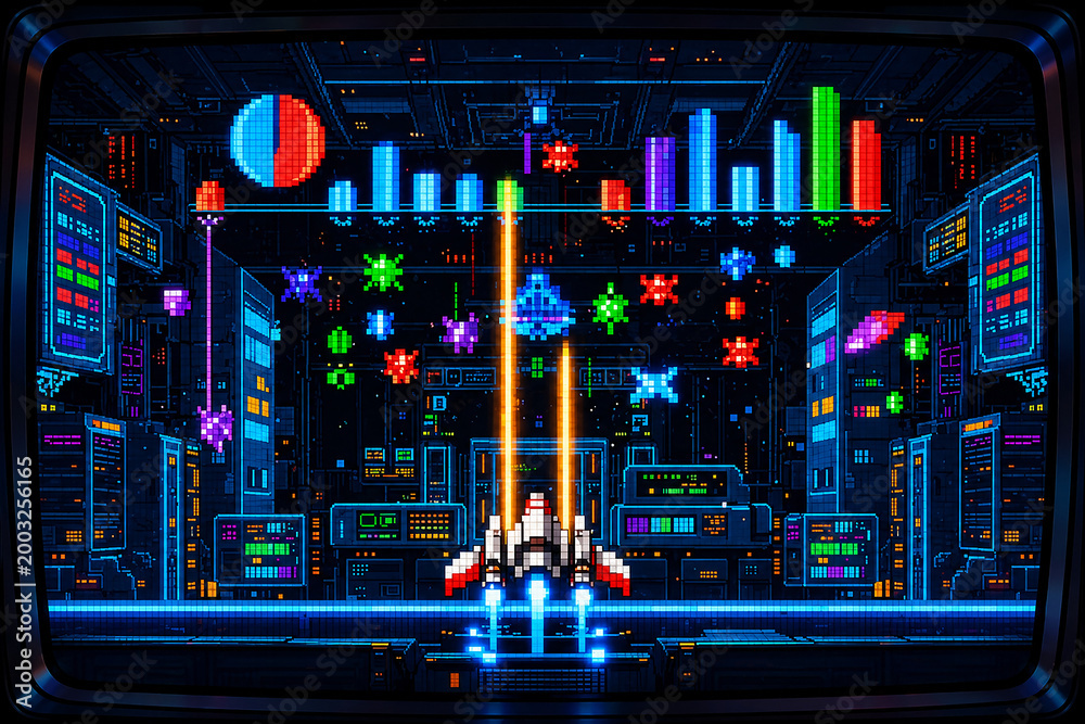Fototapeta premium Pixel Art Spaceship Attacking Giant Firewall Gate Network Security 