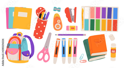 Flat vector set with colorful school supplies, backpack, notebooks, pencil case, scissors, markers, plasticine, stapler, back to school