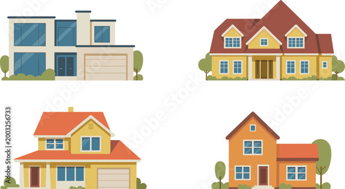 Schilderij op canvas Set of modern residential house illustrations including contemporary villas two