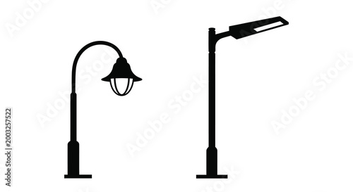Two street lamps in black silhouette against a white background