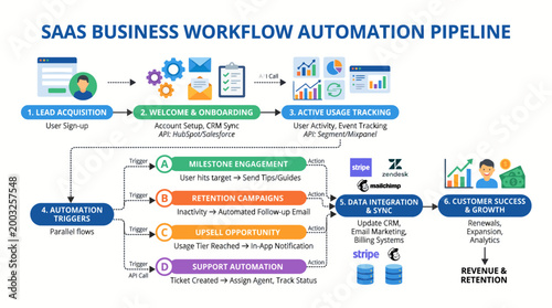 SaaS business workflow automation pipeline lead acquisition to customer success digital marketing process on white background.