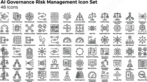 AI Governance Risk Management Icon Set Featuring Compliance, Auditing, Policy Control, Model Monitoring and Responsible AI Concepts