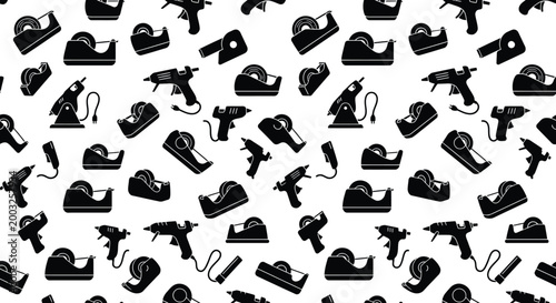 Seamless pattern featuring black silhouette icons of tape dispensers and glue guns, representing essential office and craft tools.