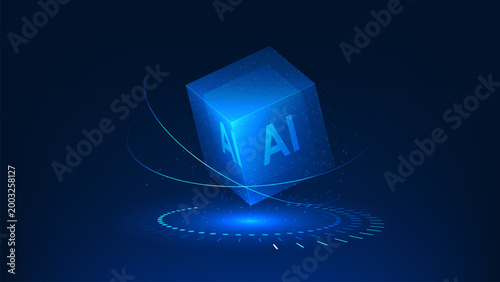 Technology background cubic structure representing an AI brain surrounded by code elements, symbolizing agentic AI, intelligent processing, automation, decision-making systems, digital assistants