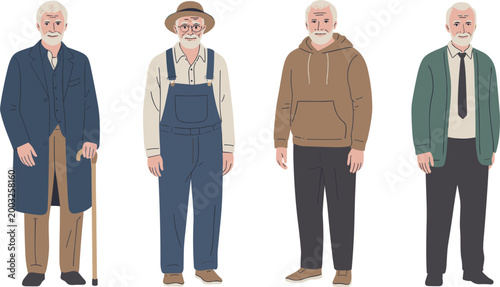 Elderly men characters set, senior male figures in different outfits for lifestyle illustration and aging concept