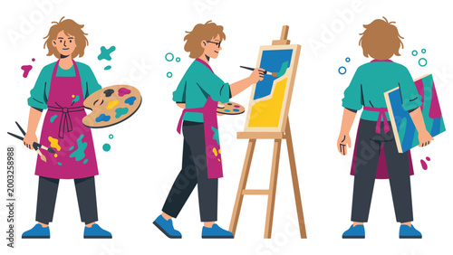 Woman artist with easel, palette and brushes drawing painting artwork illustration.
