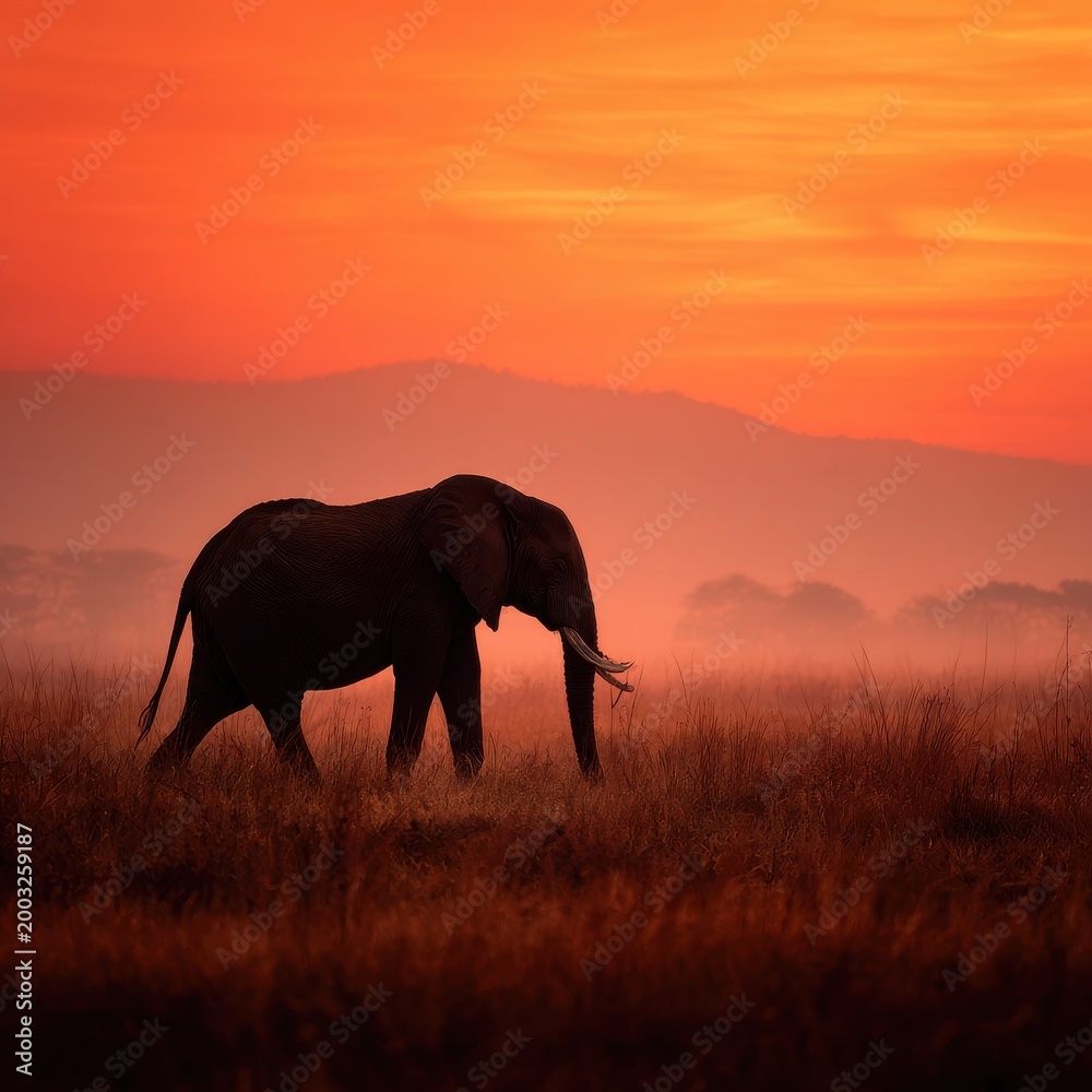 Fototapeta premium Elephant In The Park Majestic Elephant Walking Through African Savannah Grassland