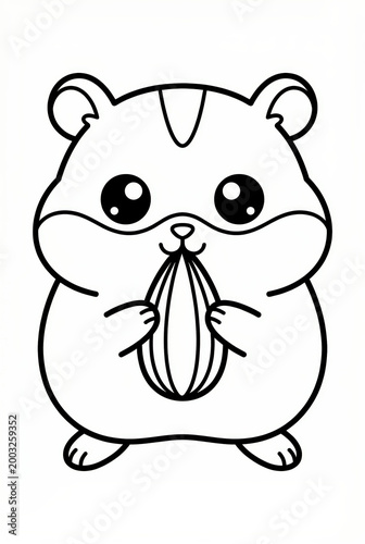 Cute cartoon hamster holding sunflower seed in black and white  