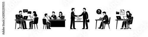 Set of black and white minimalist vector icons depicting the job recruitment process, including interviews, candidate testing, resume review, and successful hiring with a handshake.
