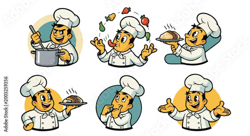 Chef cartoon set cooking juggling presenting pondering showing