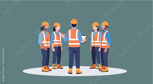 Minimal flat design of a K3 meeting, workers wearing safety gear, clean layout, white background.