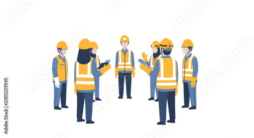 Flat illustration of a safety briefing, workers in PPE standing in a circle, soft colors, white background.