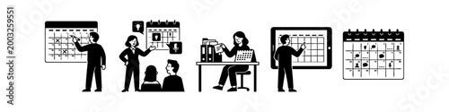 Set of minimalist vector illustrations depicting people managing time, scheduling events, and planning projects with calendars and digital devices. Clean black and white style for business use.