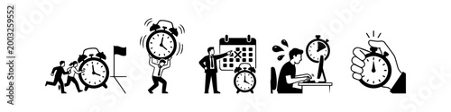 Set of black and white business icons illustrating time management, deadlines, and workplace productivity, featuring workers with alarm clocks, calendars, and stopwatches.