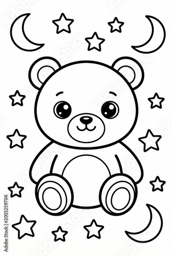 Cute teddy bear illustration surrounded by stars and moons  