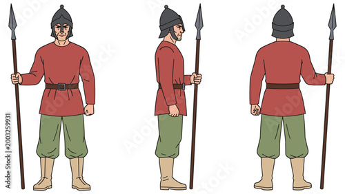 Ancient soldier with spear in historical costume from front side and back views on white background.