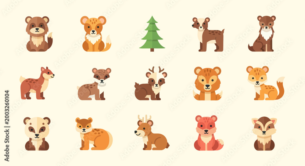 Fototapeta premium Cartoon forest animals and tree vector set