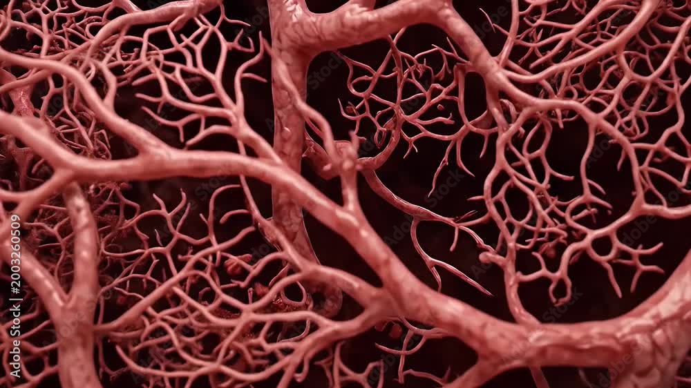 Intricate network of blood vessels with branching arteries, veins, and ...