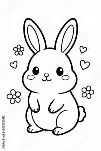Cute rabbit sitting among flowers and hearts in black and white  