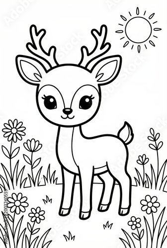 Cute cartoon deer standing among flowers under the sun  