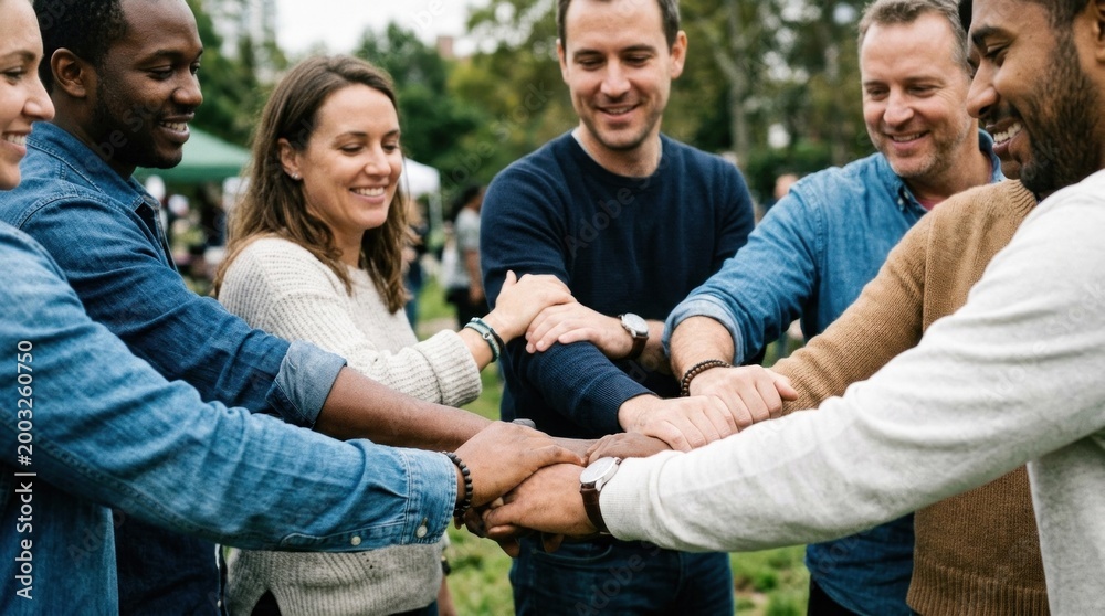 Fototapeta premium A group of people standing in a circle, holding hands together in unity.