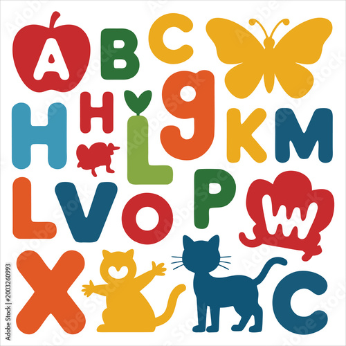 Colorful alphabet letters and cute animals and objects collection