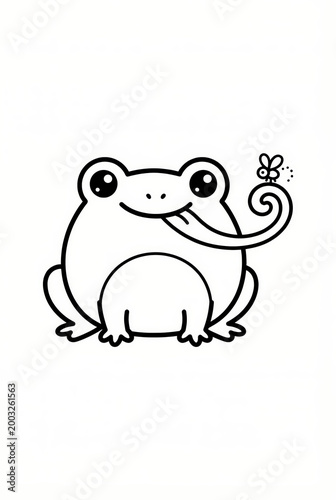 Cartoon frog with tongue out catching a fly in black and white  