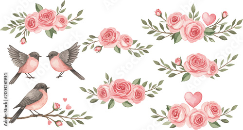 Vintage floral vector illustration featuring a set of pink roses and birds in a romantic heart frame design for wedding cards