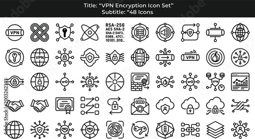 VPN Encryption Icon Set Featuring Secure Connections, Data Protection, Network Privacy, Tunneling Protocols and Cybersecurity Concepts