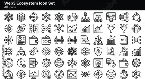 Web3 Ecosystem Icon Set Featuring Blockchain Networks, DeFi, NFTs, Crypto Wallets, Smart Contracts and Decentralized Applications
