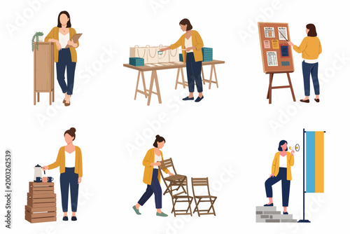 Flat vector illustration of a professional woman event planner or workshop coordinator performing various preparation and management tasks for an event.