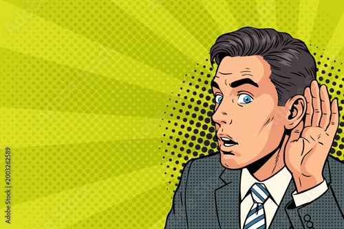 Fotografie Pop Art Man Listening Intently - Retro Comic Book Style Businessman Cupping Ear