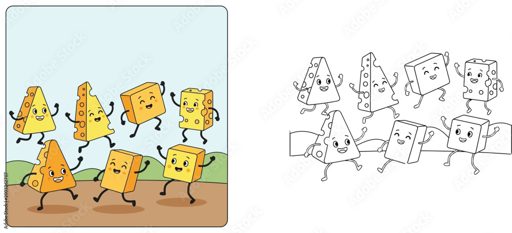 Fototapeta premium Happy Cheese Slices and Blocks Dancing Outdoors Cartoon Illustration and Black and White Line Art Coloring Page Outline Vector for Kids Education and Creative Fun Activity Book
