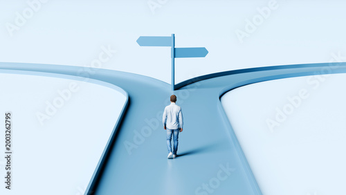 Man walking toward a fork in the road with blank signposts representing strategic career choices and future direction, 3d render