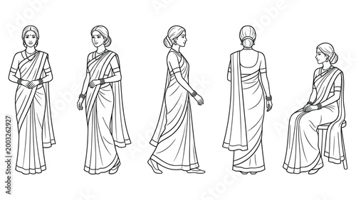 Fotografie Indian woman in traditional sari, multiple poses including standing walking and sitting