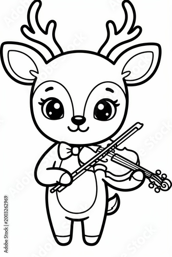 Cartoon deer playing violin with smile and bow tie  
