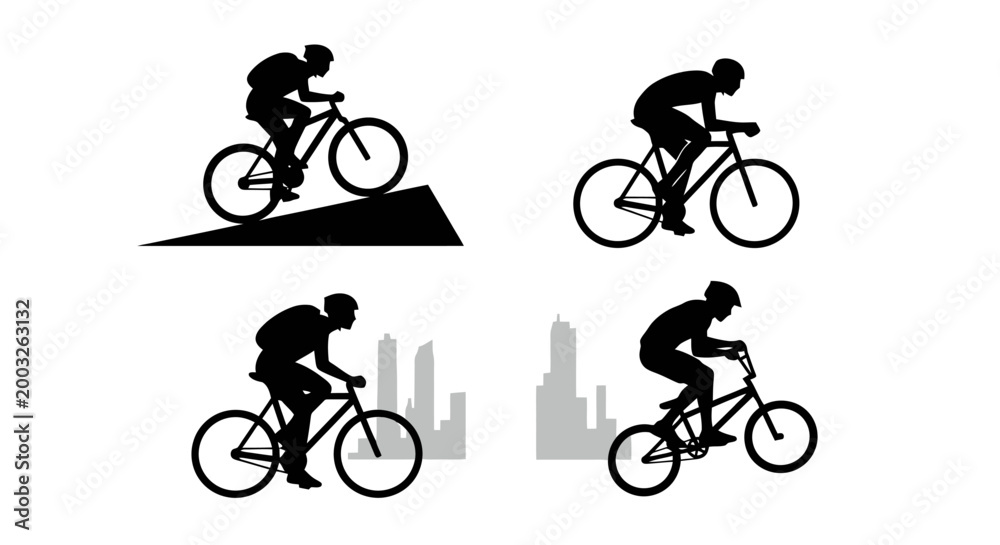 Fototapeta premium Silhouette depictions of cyclists engaged in various biking activities including hill climbing urban cycling and BMX stunts showcasing movement and distinct poses against stylized cityscapes
