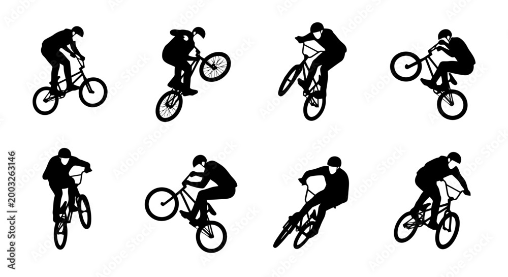 Naklejka premium Dynamic silhouettes showcasing BMX bicycle riders performing various extreme stunts and aerial maneuvers with skill and athletic movement captured in distinct poses against a plain backdrop for