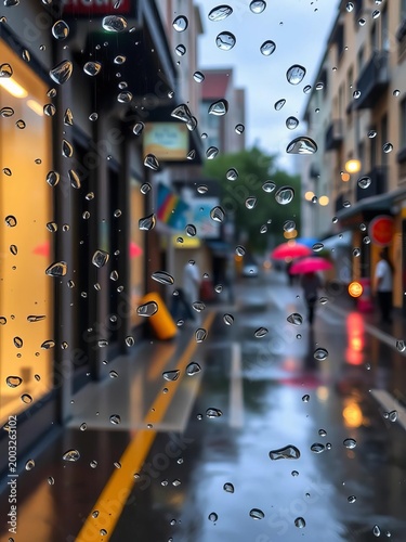 Wet street scene with raindrops on windowpane, umbrellas in distance, || seaside, rain
