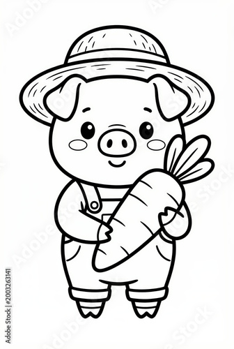Cartoon piglet holding a carrot in overalls and straw hat  