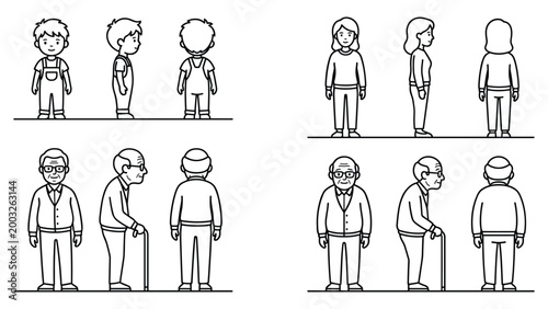 Children adults and elderly people, front side and back views.
