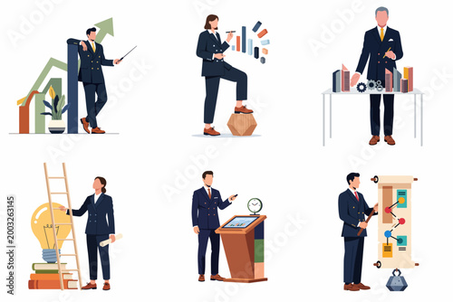 Vector flat illustration set of professional business people in suits managing growth, analyzing data, presenting strategies, and developing innovative ideas.