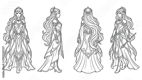Fantasy queen with flowing hair and ornate armor and gown, front side back and three quarter views.
