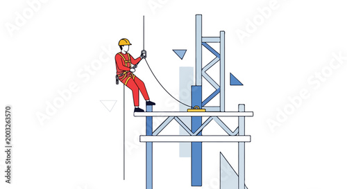 Flat illustration of worker using safety harness at height, geometric shapes, modern minimal style, white background, clean vector K3 concept