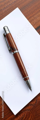 Worn wooden desk pen with silver trim sits on crisp white paper, desk, pen